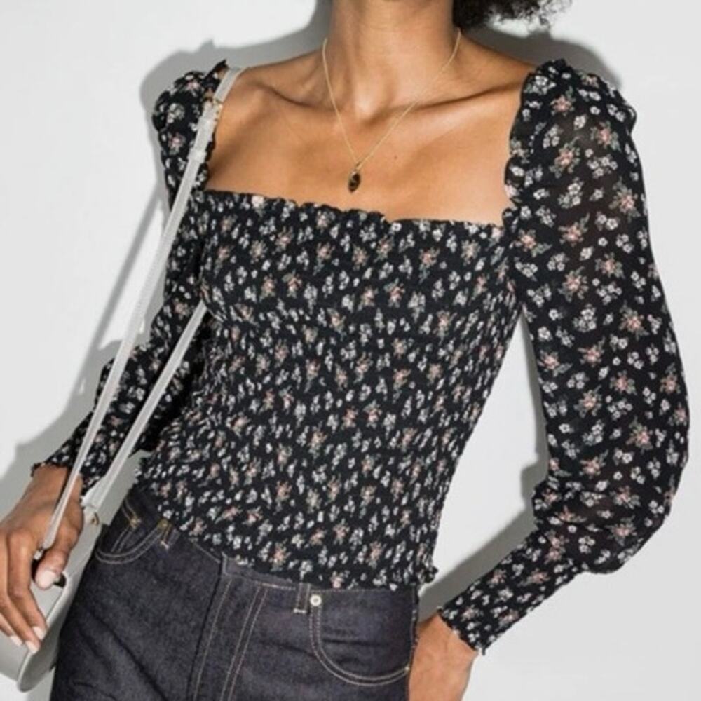 Reformation NEW Pinto Black Pink Floral‎ Print Smocked Shirt Small